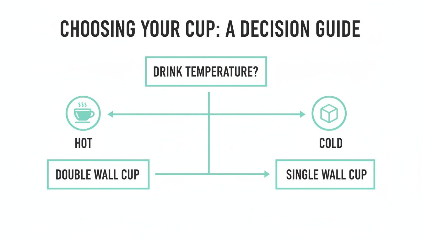 A decision guide flowchart for choosing a cup based on drink temperature: hot drinks use double wall, cold drinks use single wall.