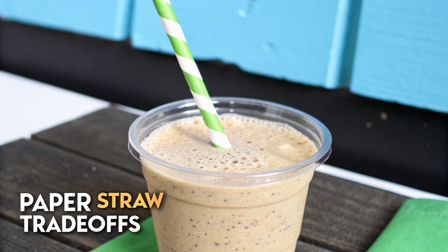 A frothy smoothie in a clear cup with a green and white striped paper straw on a wooden table.