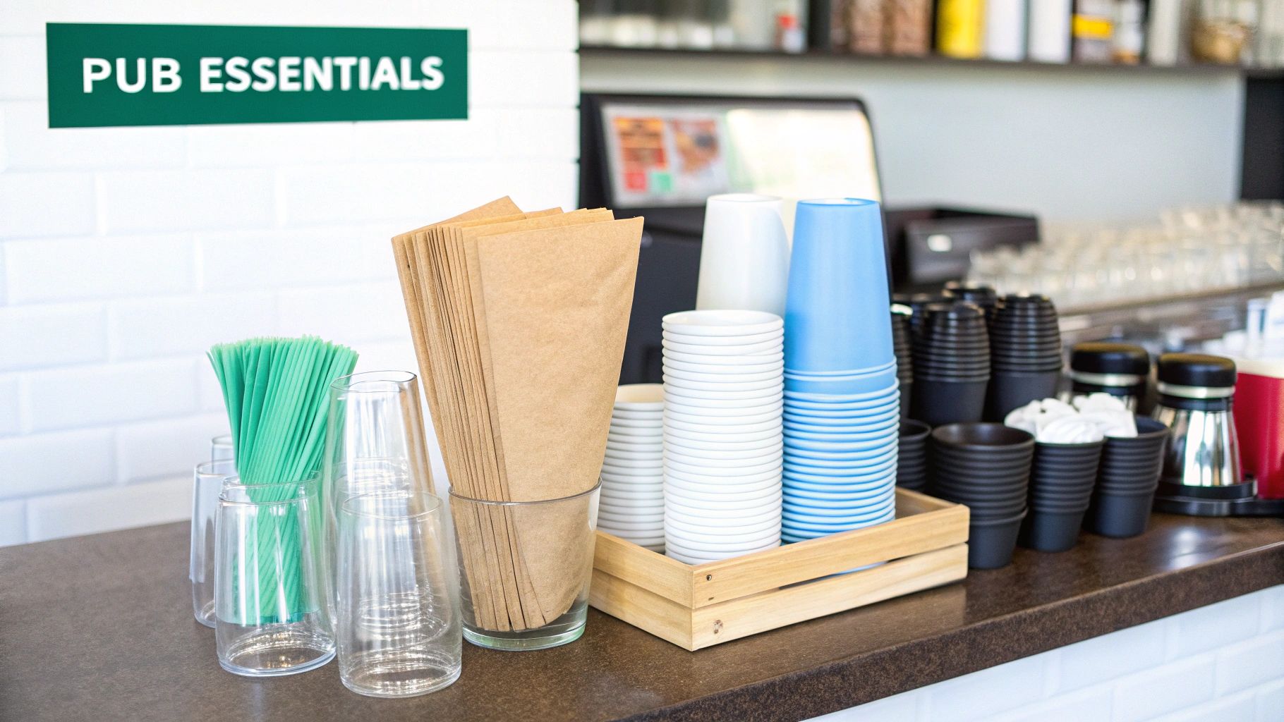 A counter display of green straws, brown paper sleeves, and various stacked disposable cups.