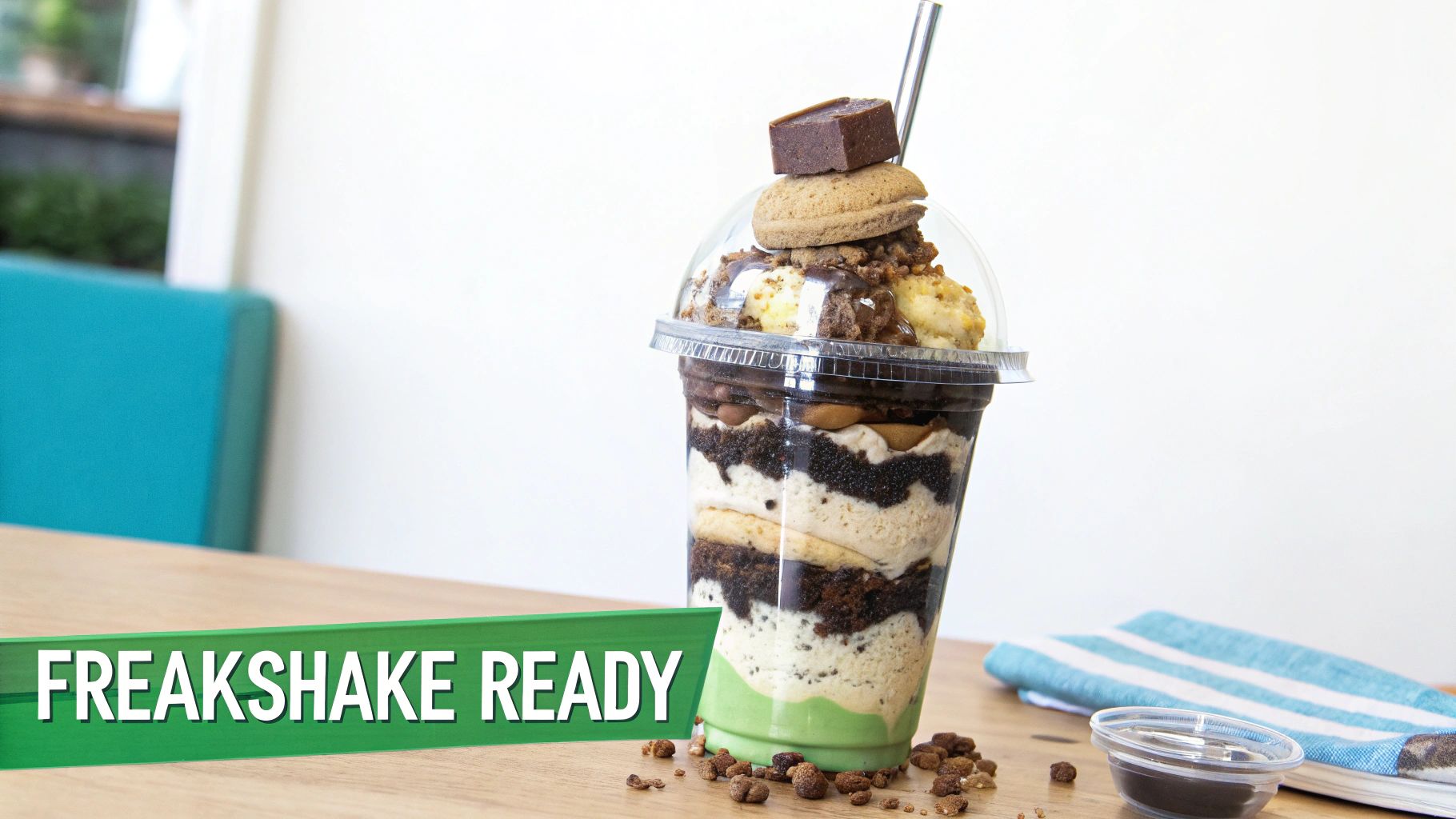 A delicious layered freakshake in a clear cup with cookies, chocolate, and a straw on a wooden table.