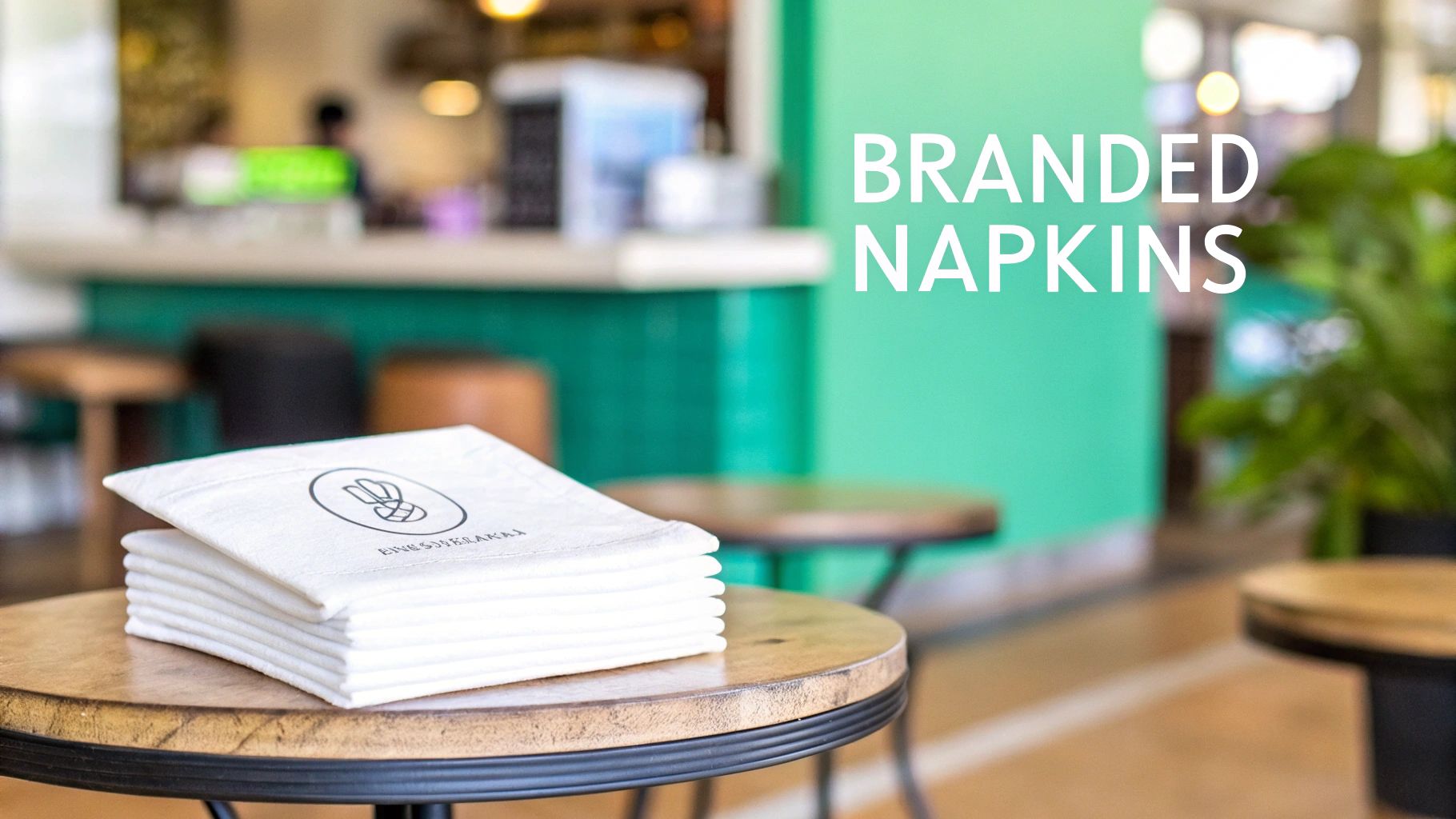 A stack of white branded napkins with a logo on a wooden cafe table, promoting custom branding.