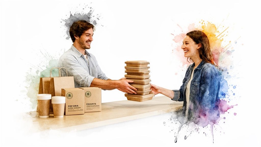 A man hands a stack of eco-friendly takeaway containers to a smiling woman, with other packaging on the counter.