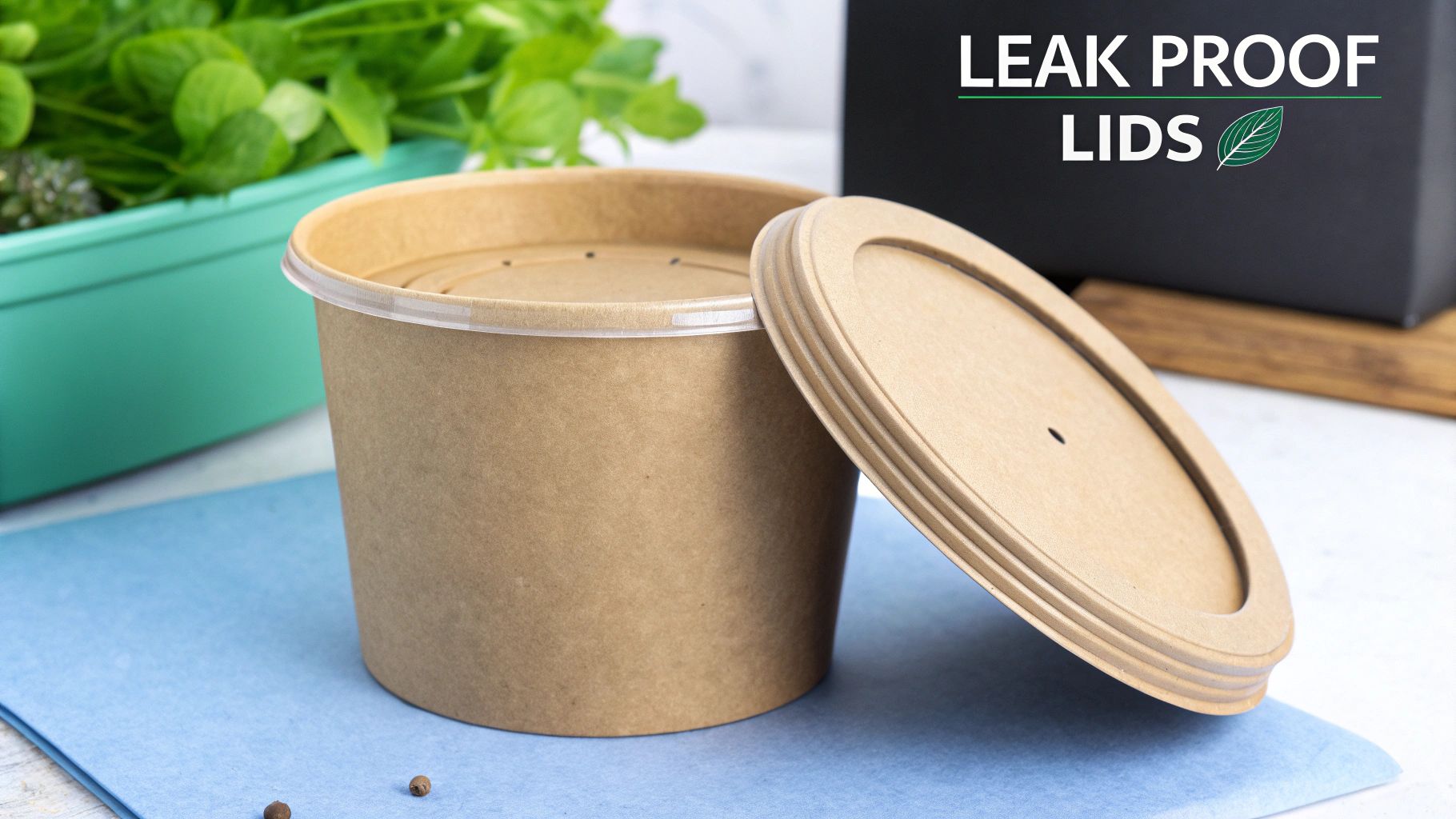 Kraft paper soup container with a clear plastic rim and a matching leak-proof lid.