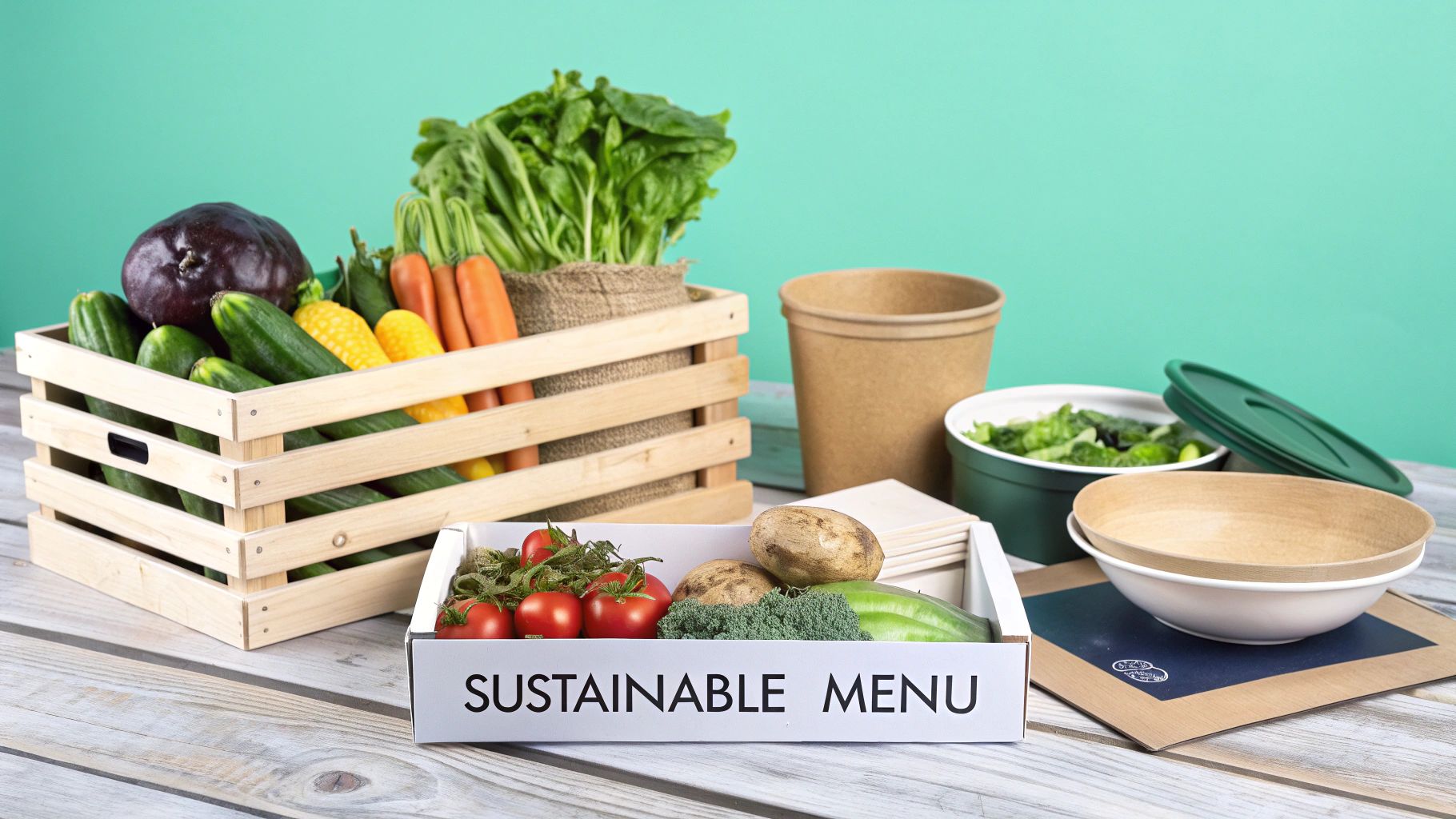 Fresh vegetables in wooden crates and sustainable containers for a healthy, eco-friendly menu.