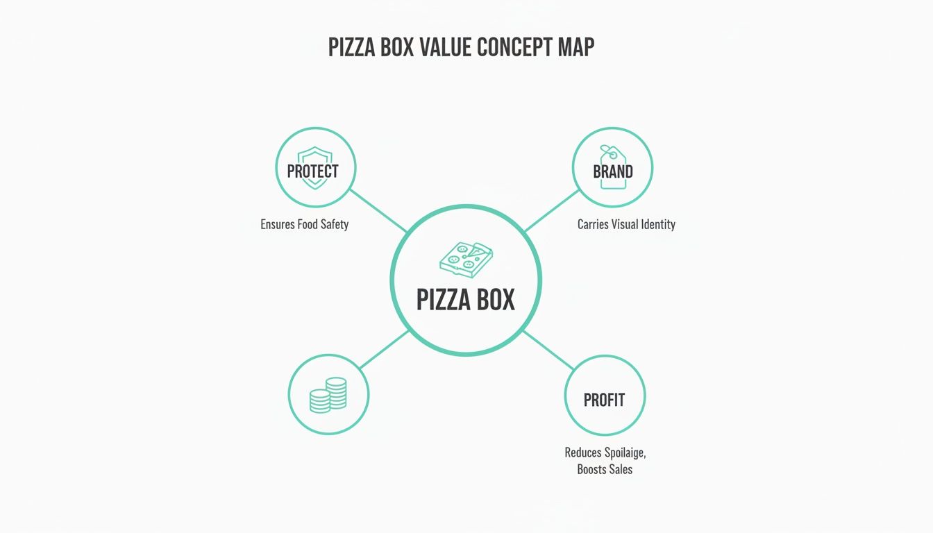 Pizza Box Value Concept Map illustrating its importance for protection, brand identity, and business profit.