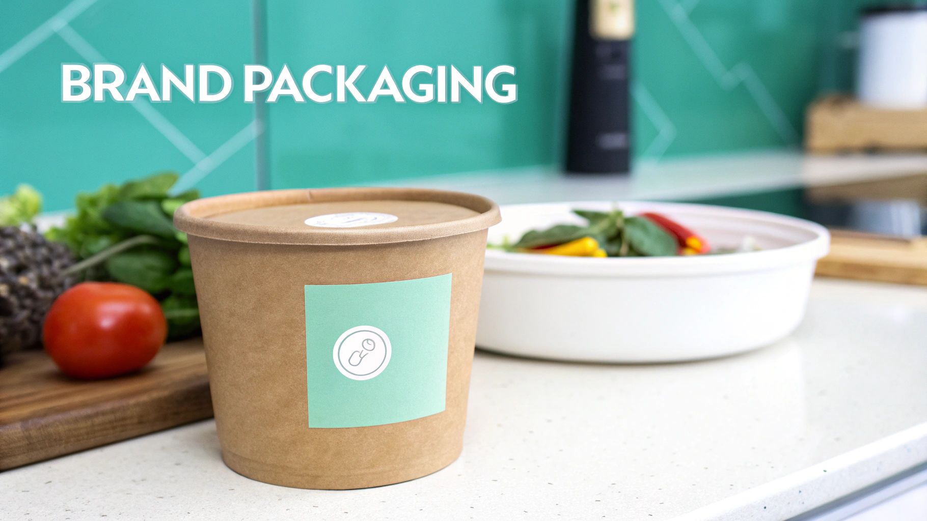 Sustainable brand packaging featuring a brown kraft soup container with a logo and fresh ingredients.