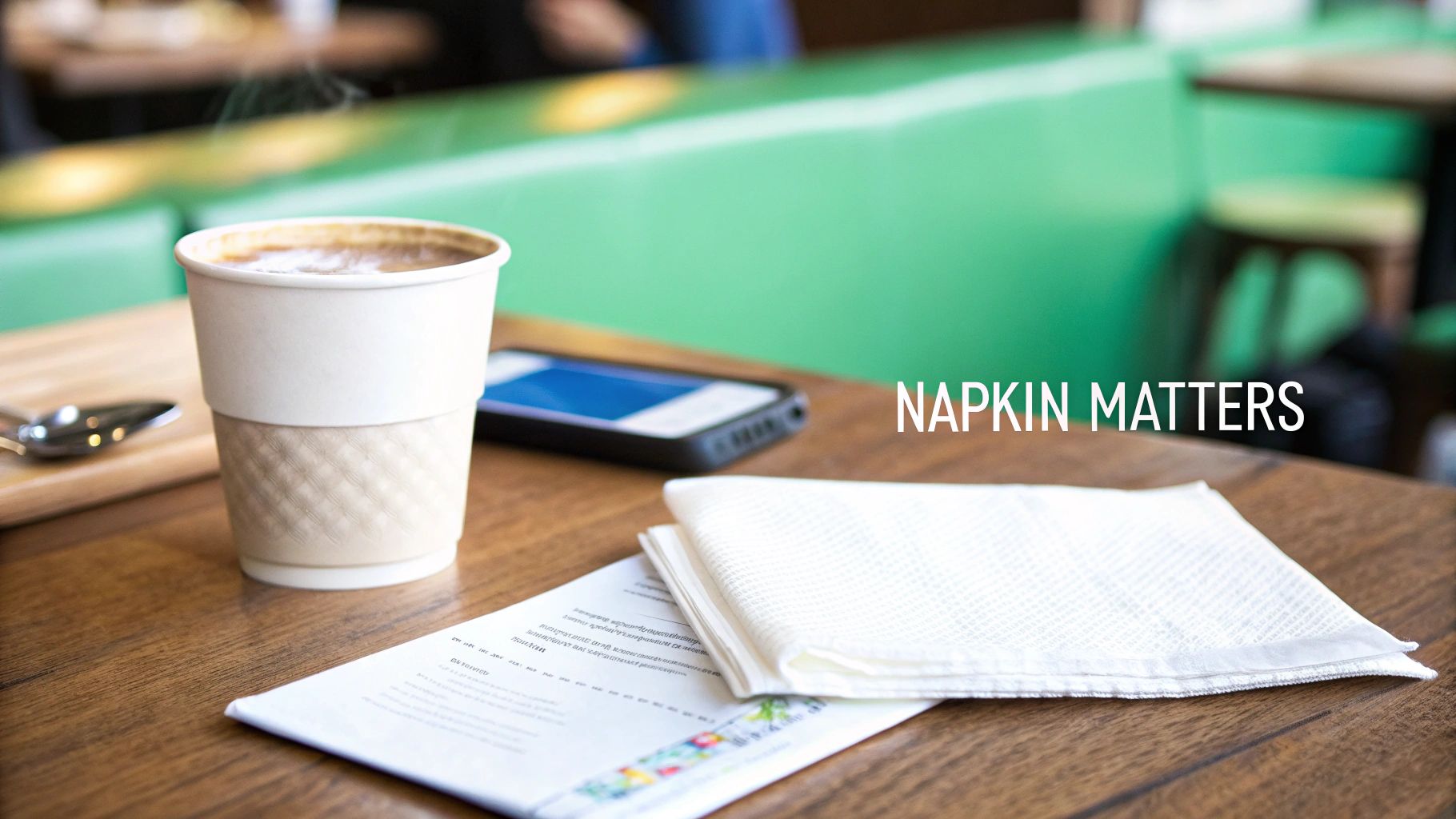 Close-up of a steaming coffee cup, smartphone, and folded white napkin on a cafe table.
