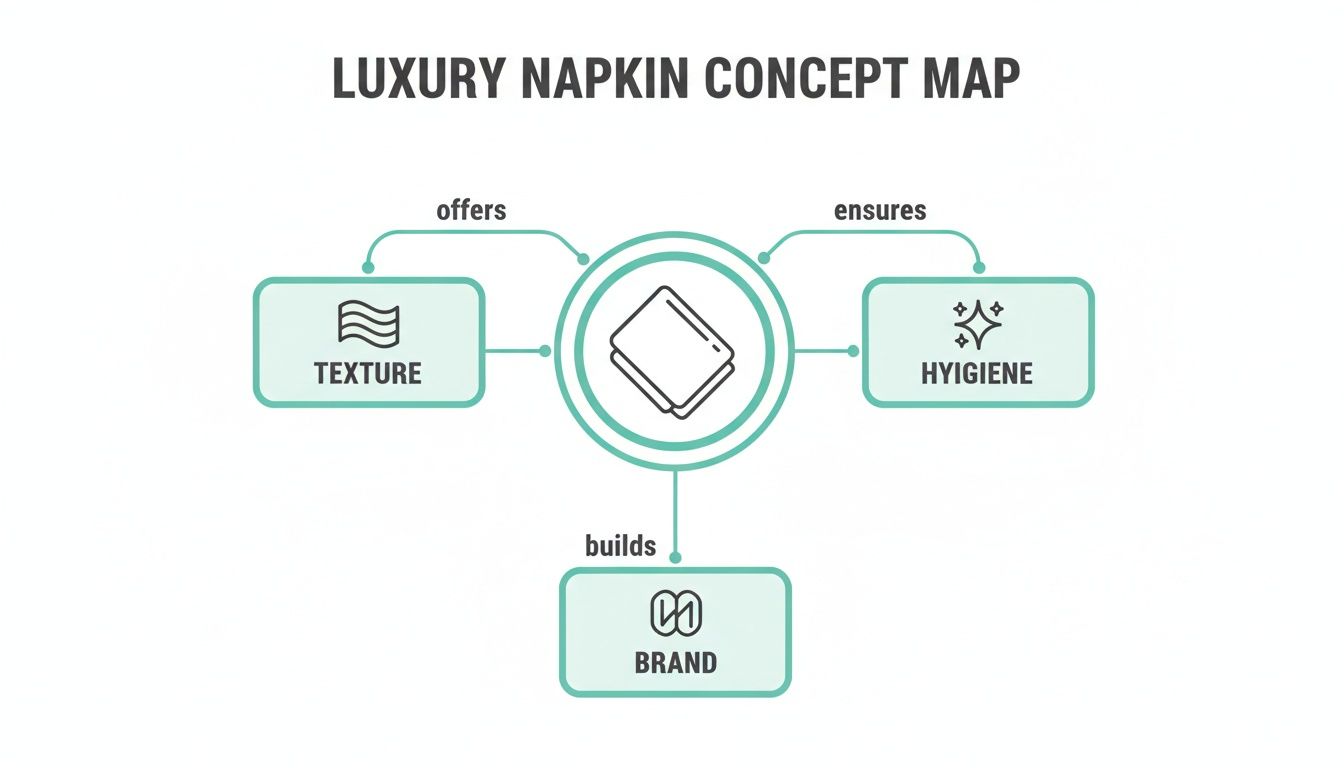 A concept map illustrates how a luxury napkin offers texture, ensures hygiene, and builds brand.