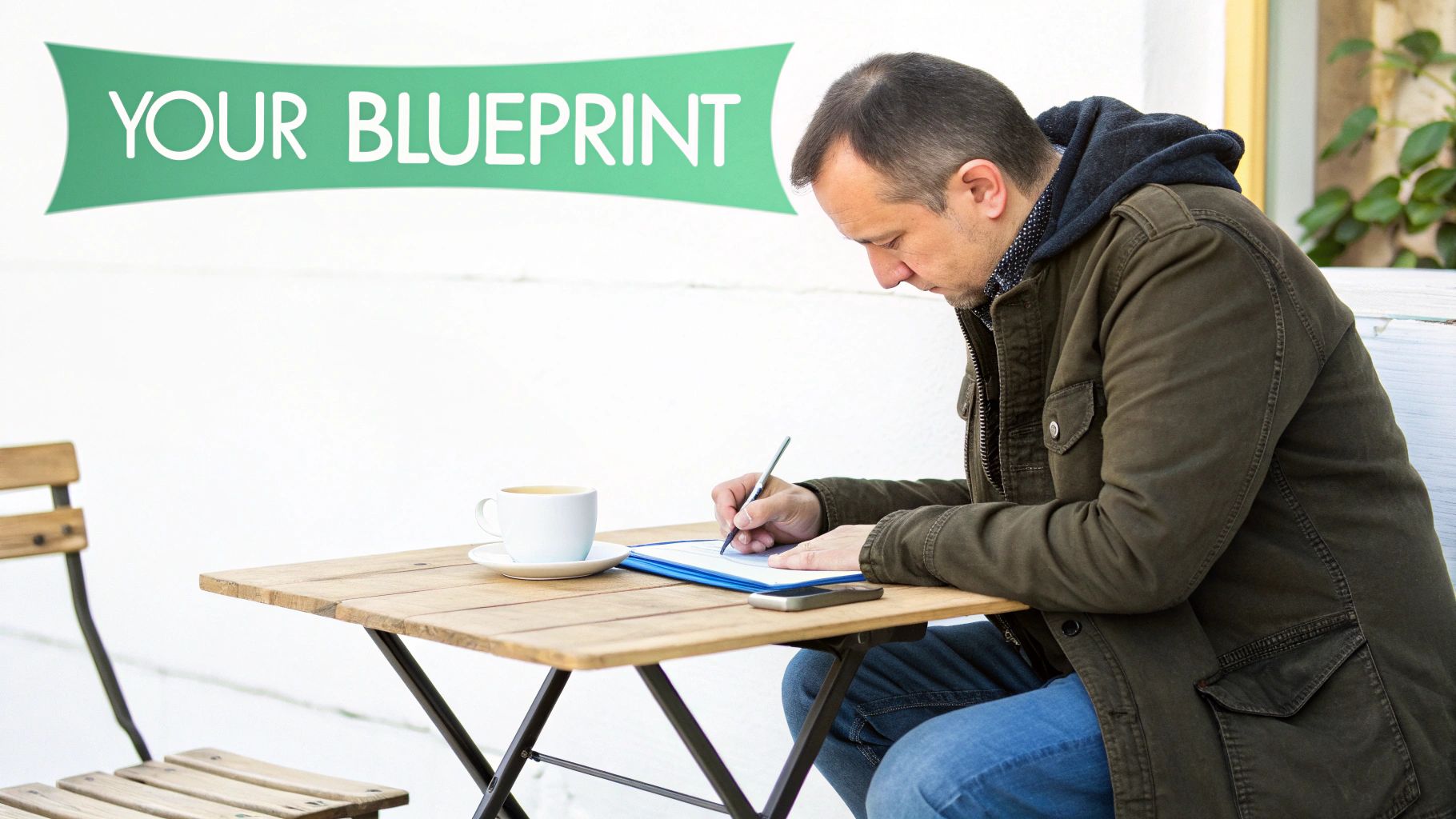 A man writes intently at an outdoor wooden table with a coffee cup, planning a blueprint.