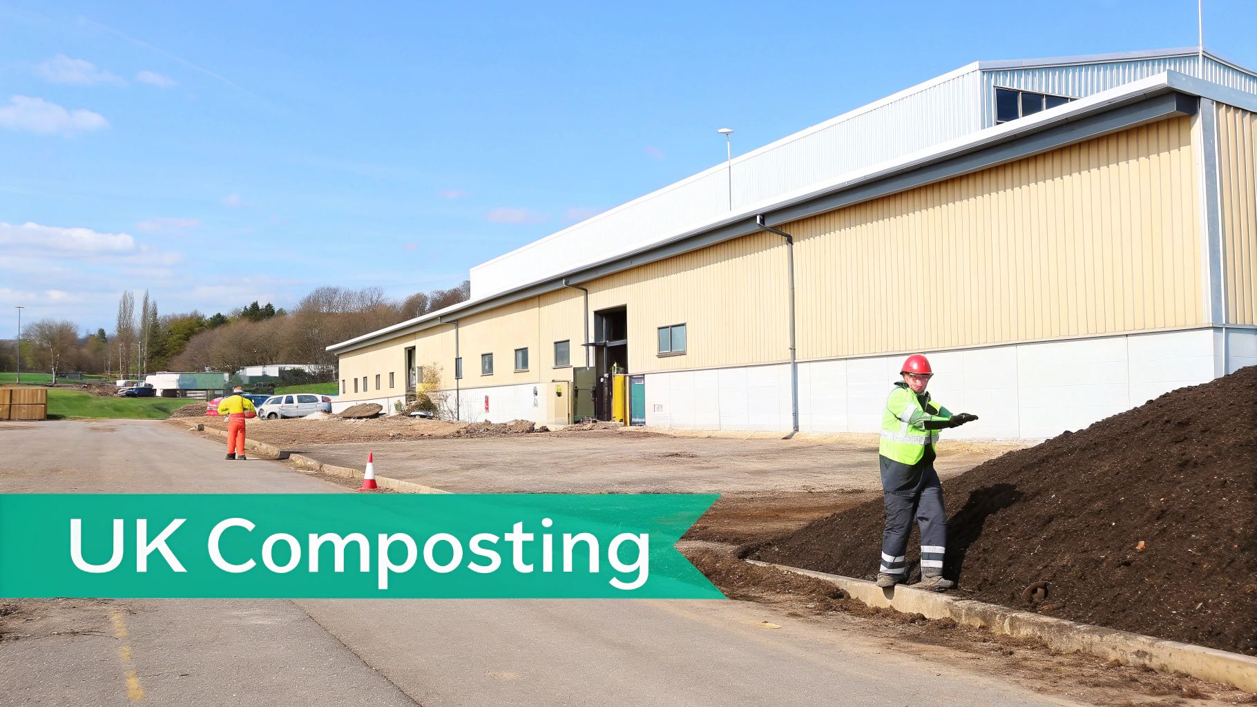 Two workers at a UK composting facility next to a large pile of compost, industrial building in background.