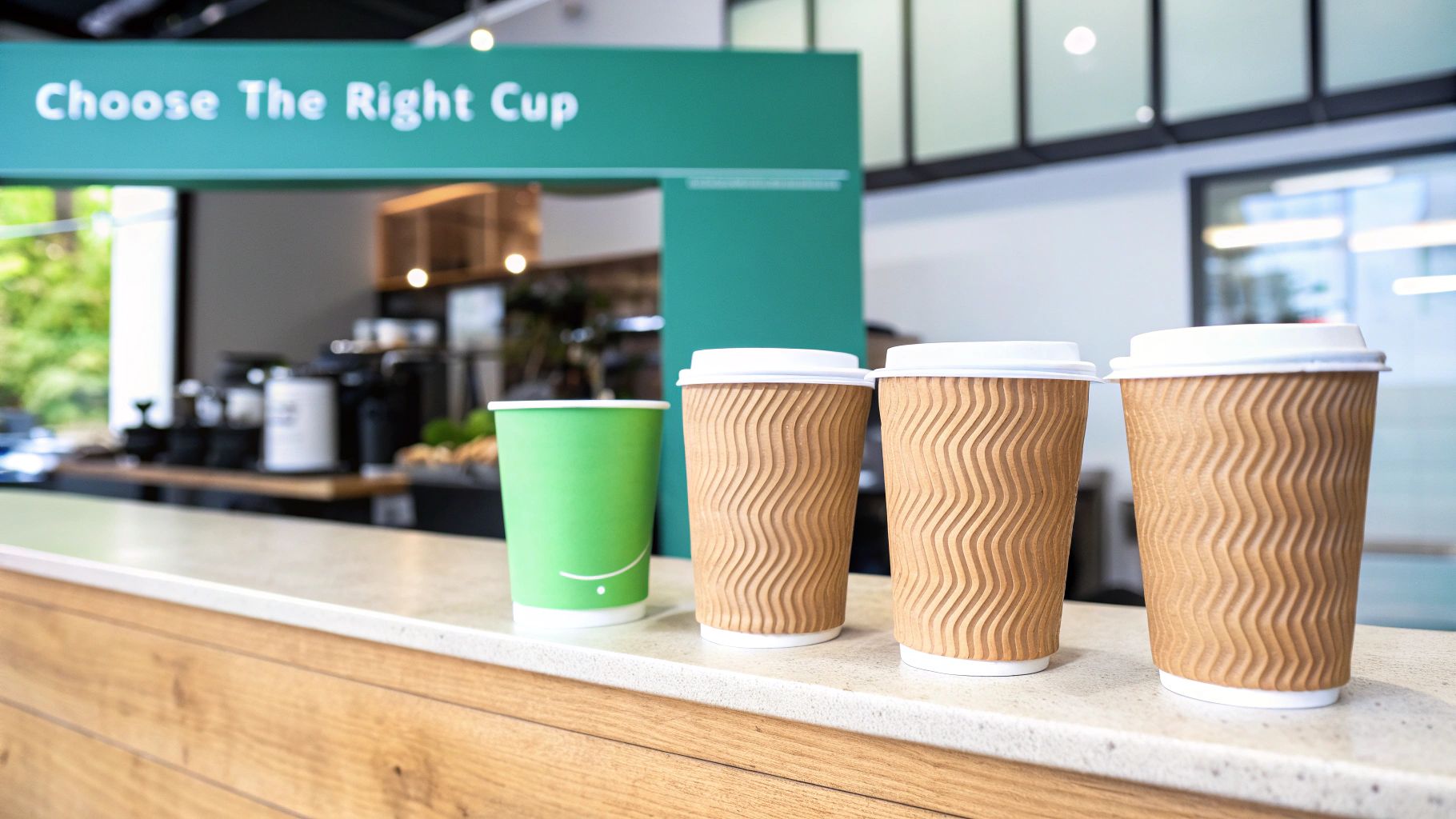 Four disposable coffee cups, including one green and three brown corrugated, sit on a cafe counter.