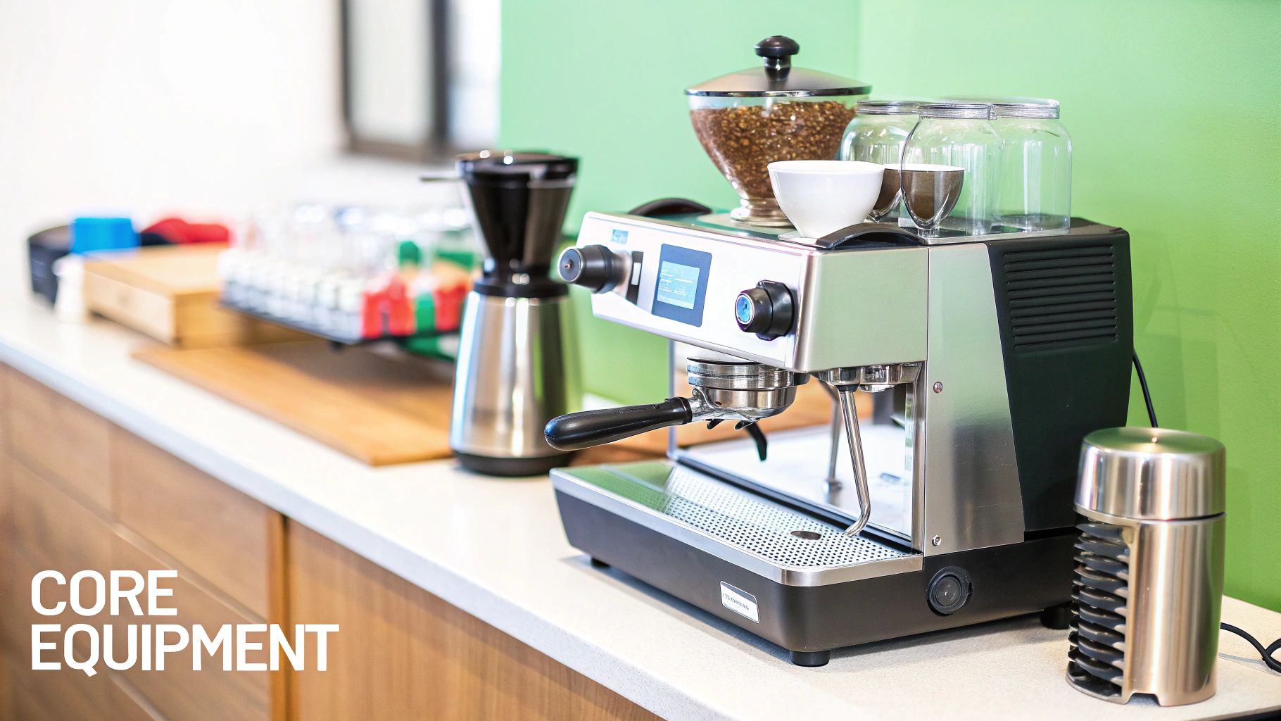 Professional coffee station with an espresso machine, grinder, coffee beans, and cups.