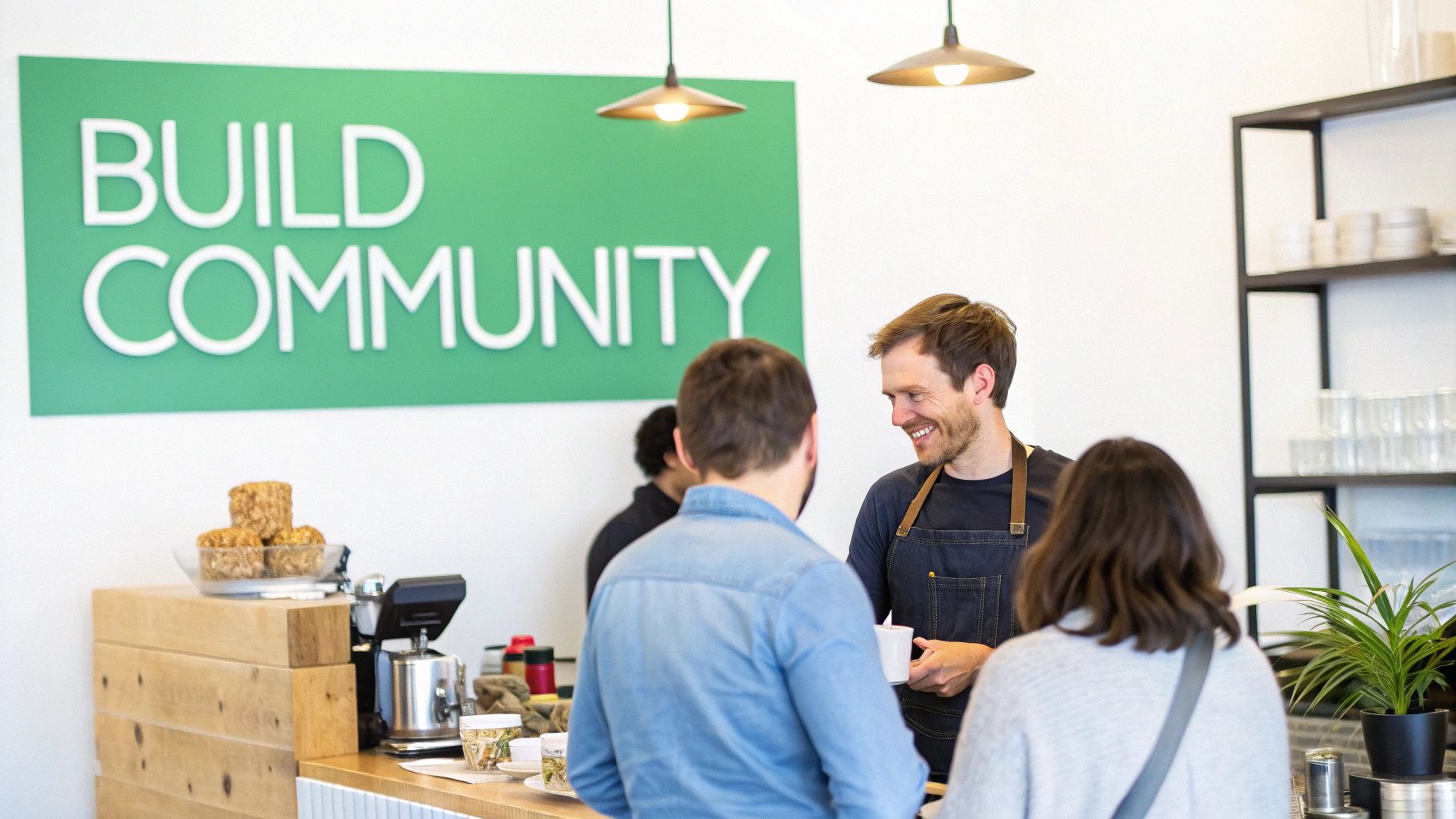 A smiling barista serves coffee to customers in a modern cafe with a 'BUILD COMMUNITY' sign.