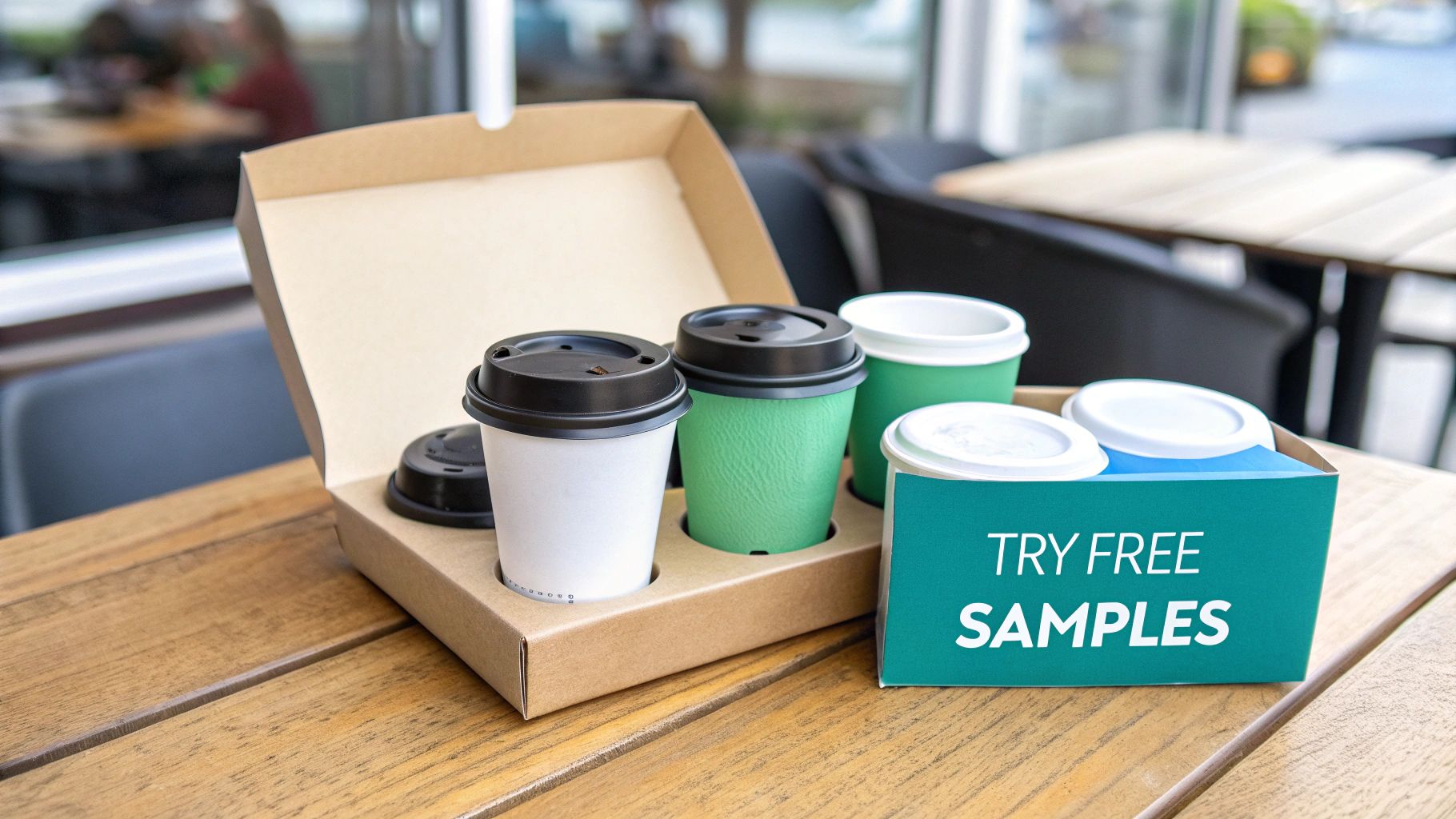 Various paper coffee cups in a cardboard holder with a 'TRY FREE SAMPLES' box on a wooden table.