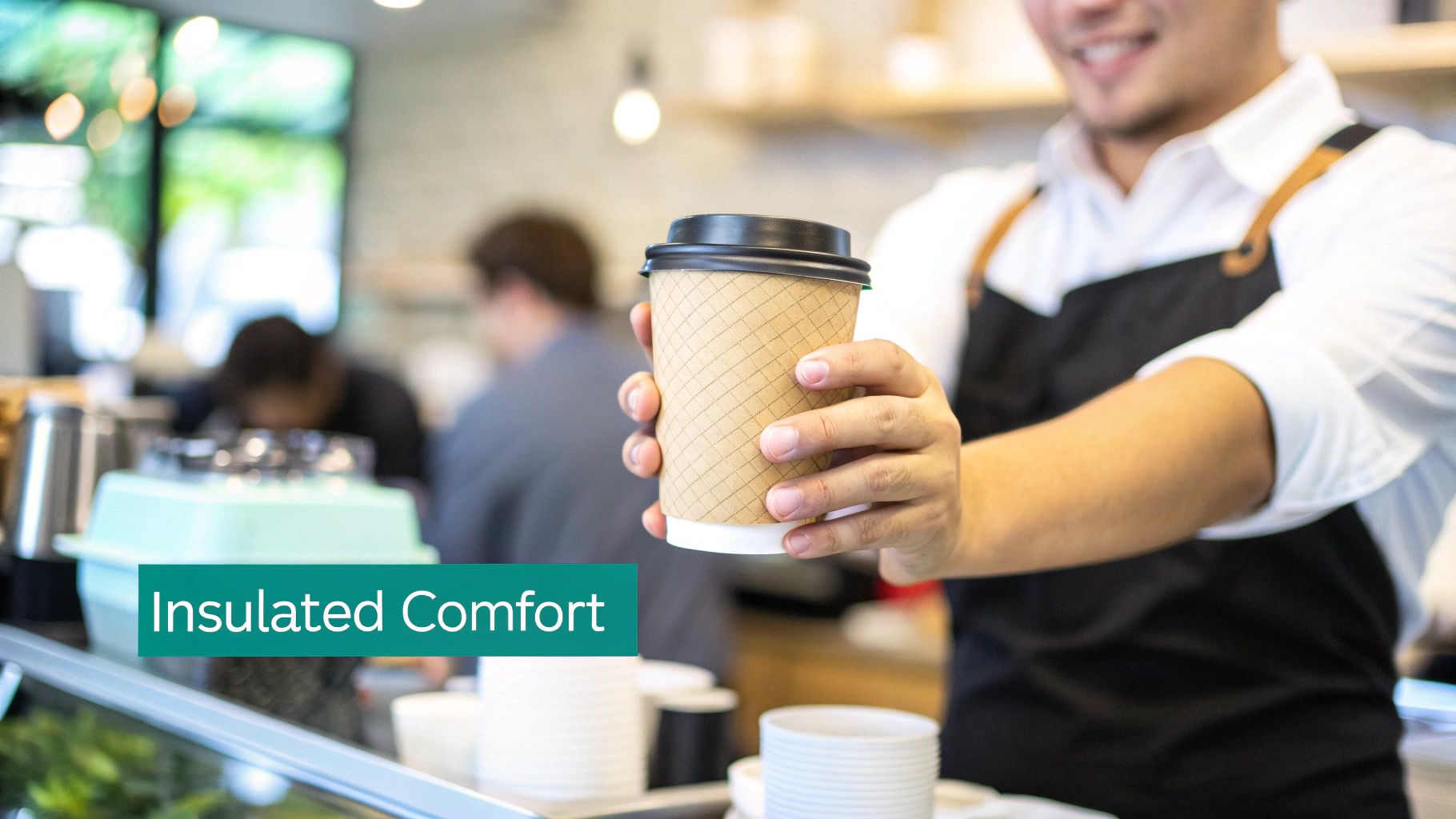 A smiling barista in an apron holds an insulated paper coffee cup in a bustling cafe.