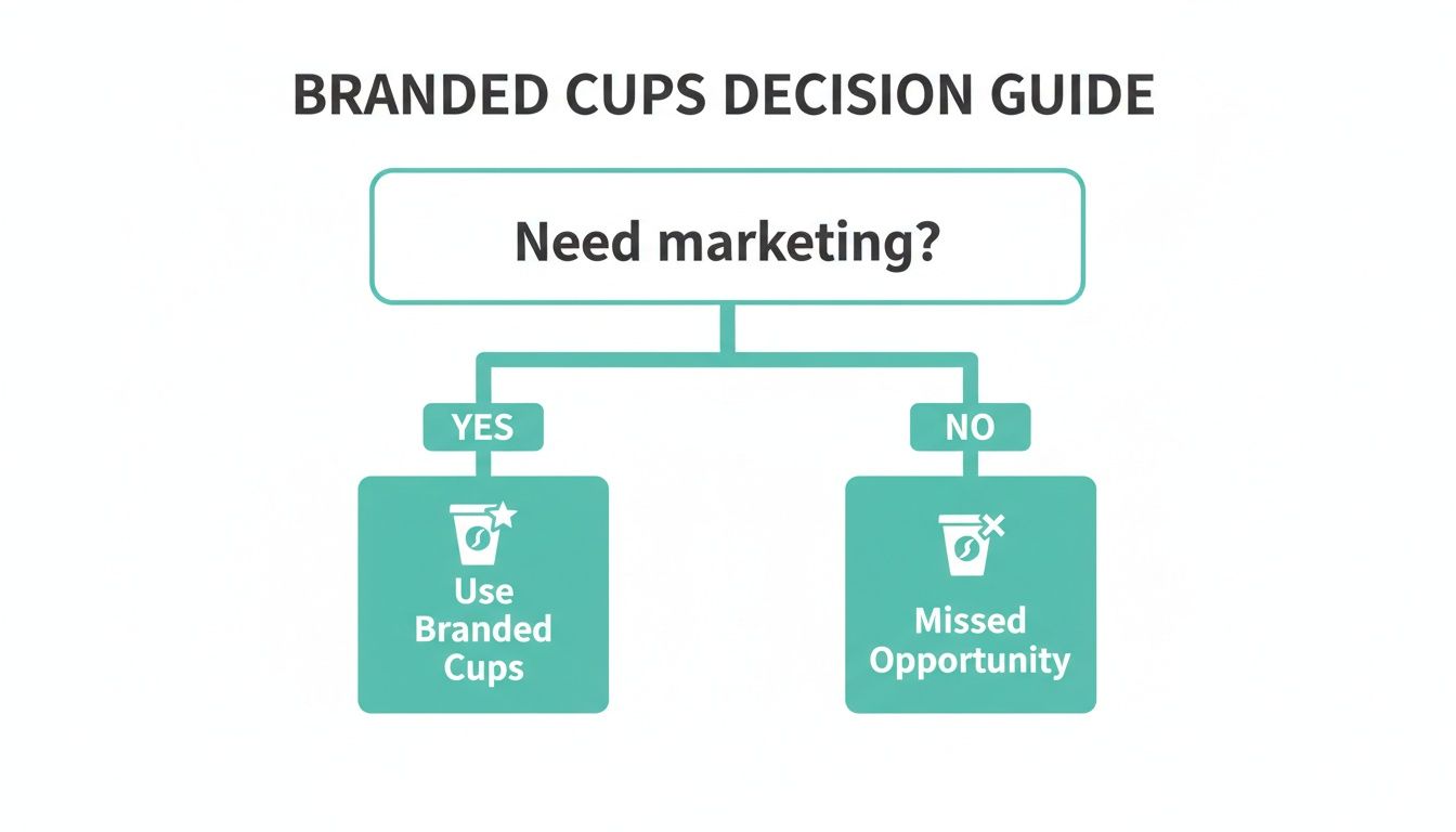 A decision guide flowchart on branded cups, indicating that if marketing is needed, use branded cups; otherwise, it's a missed opportunity.