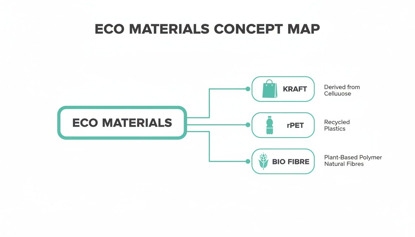 A concept map illustrating eco materials, categorizing them into Kraft, rPET, and Bio Fibre with descriptions.