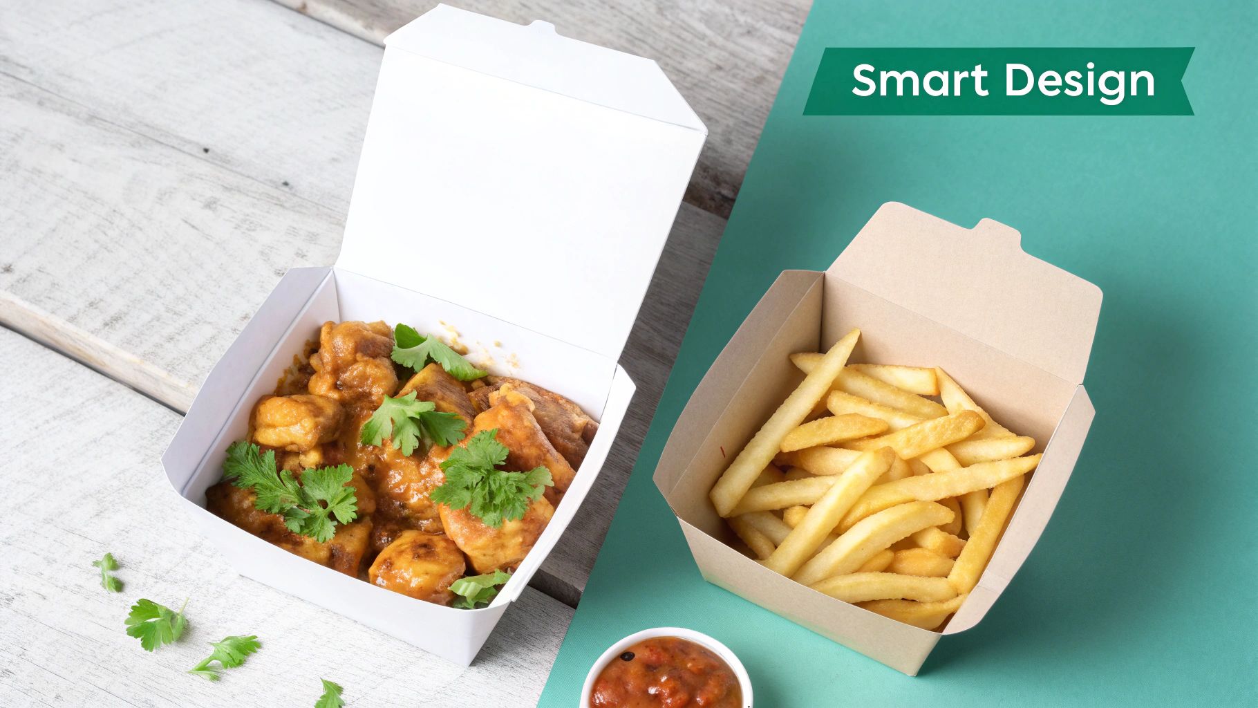 Two open takeaway boxes; a white one with curry on wood, and a kraft one with fries on teal.