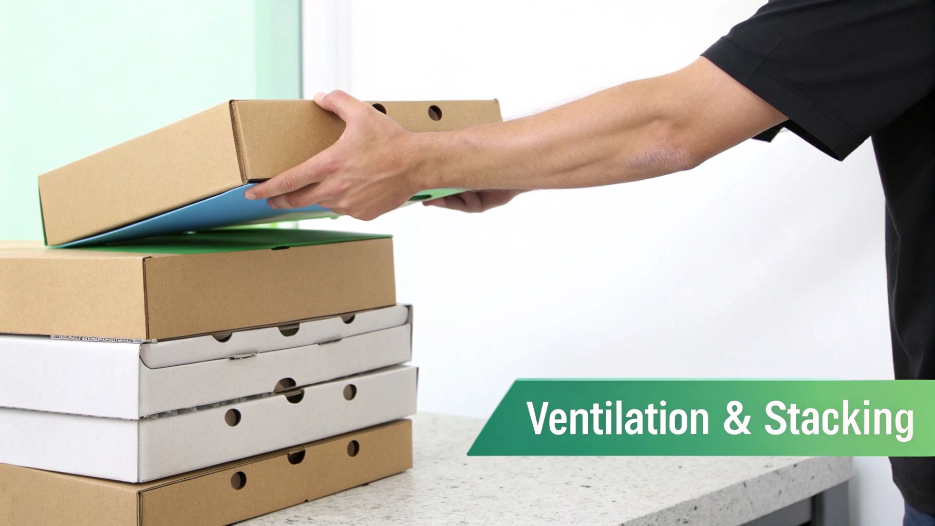A person stacks several cardboard boxes, some appearing to be pizza boxes, on a counter, demonstrating stacking.
