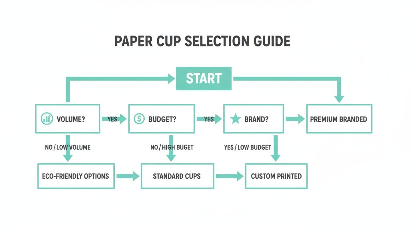 Flowchart outlining the paper cup selection guide based on volume, budget, and brand preferences.
