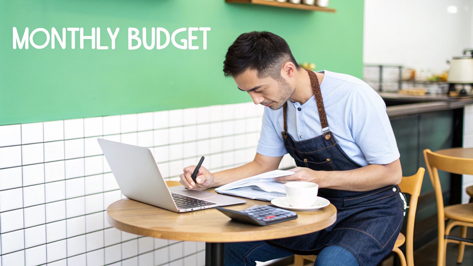 A male cafe owner in an apron reviews his monthly budget with a laptop and calculator.