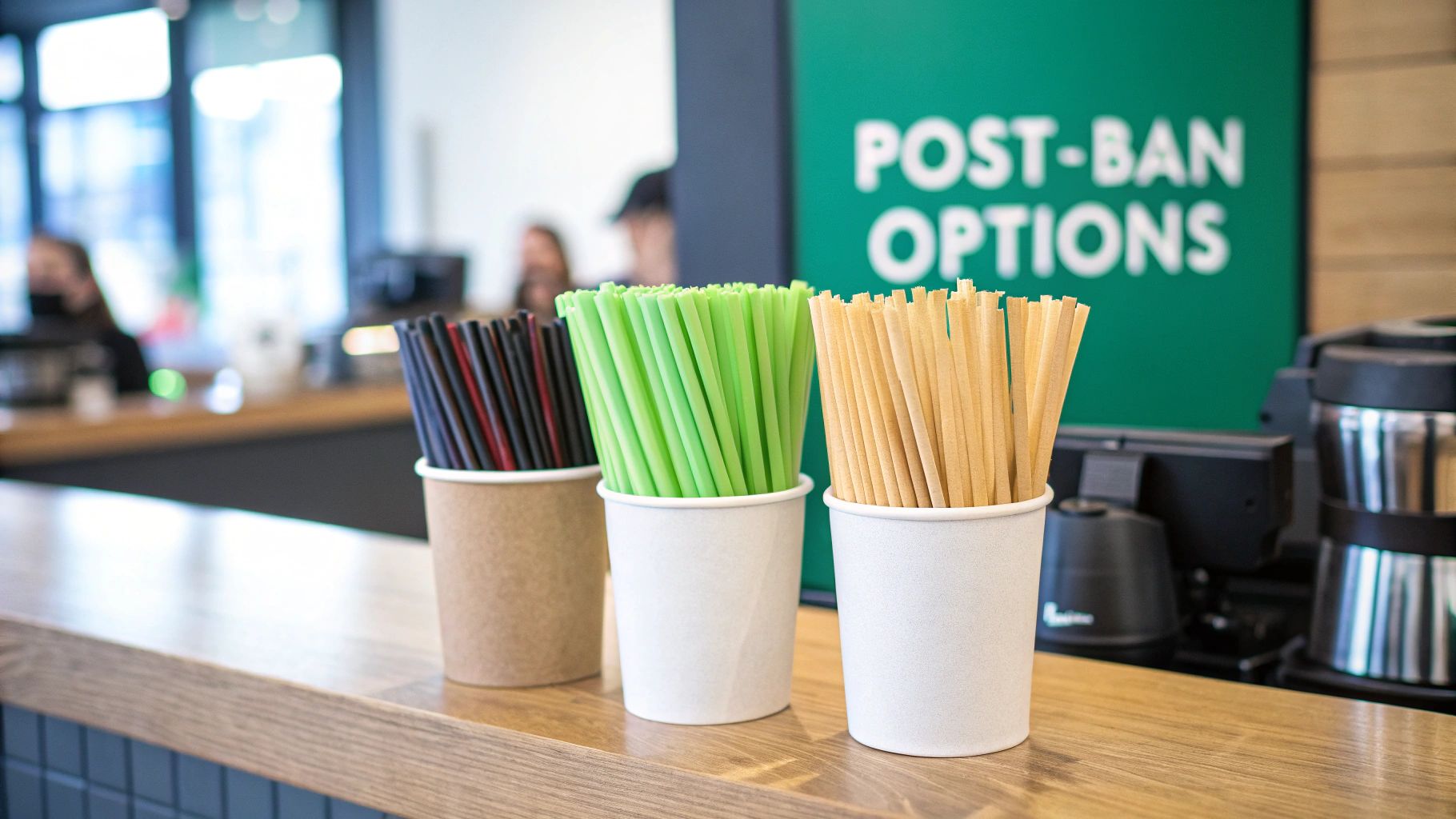 Three cups holding black, green, and natural brown straws on a counter, with a 'POST-BAN OPTIONS' sign.