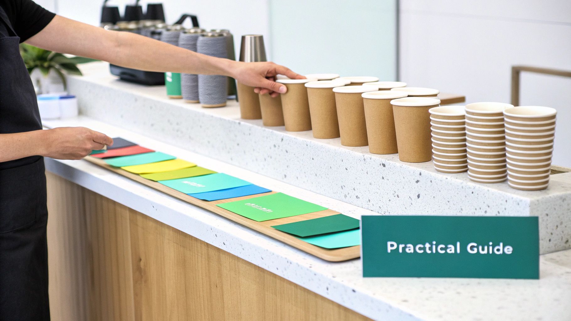 A person organizes compostable brown cups and colorful guide cards on a white counter with a 'Practical Guide' sign.