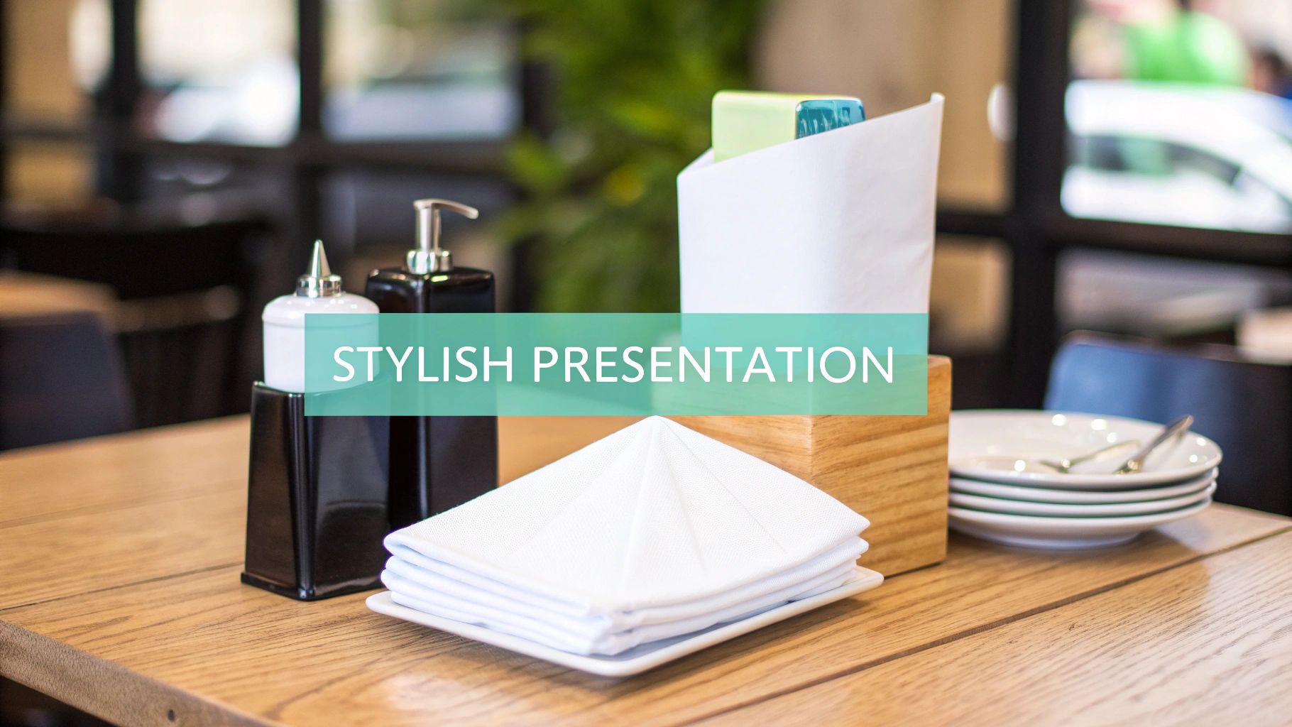 Neatly arranged dining table with luxury folded white napkins, a condiment set, and stacked plates in a restaurant.