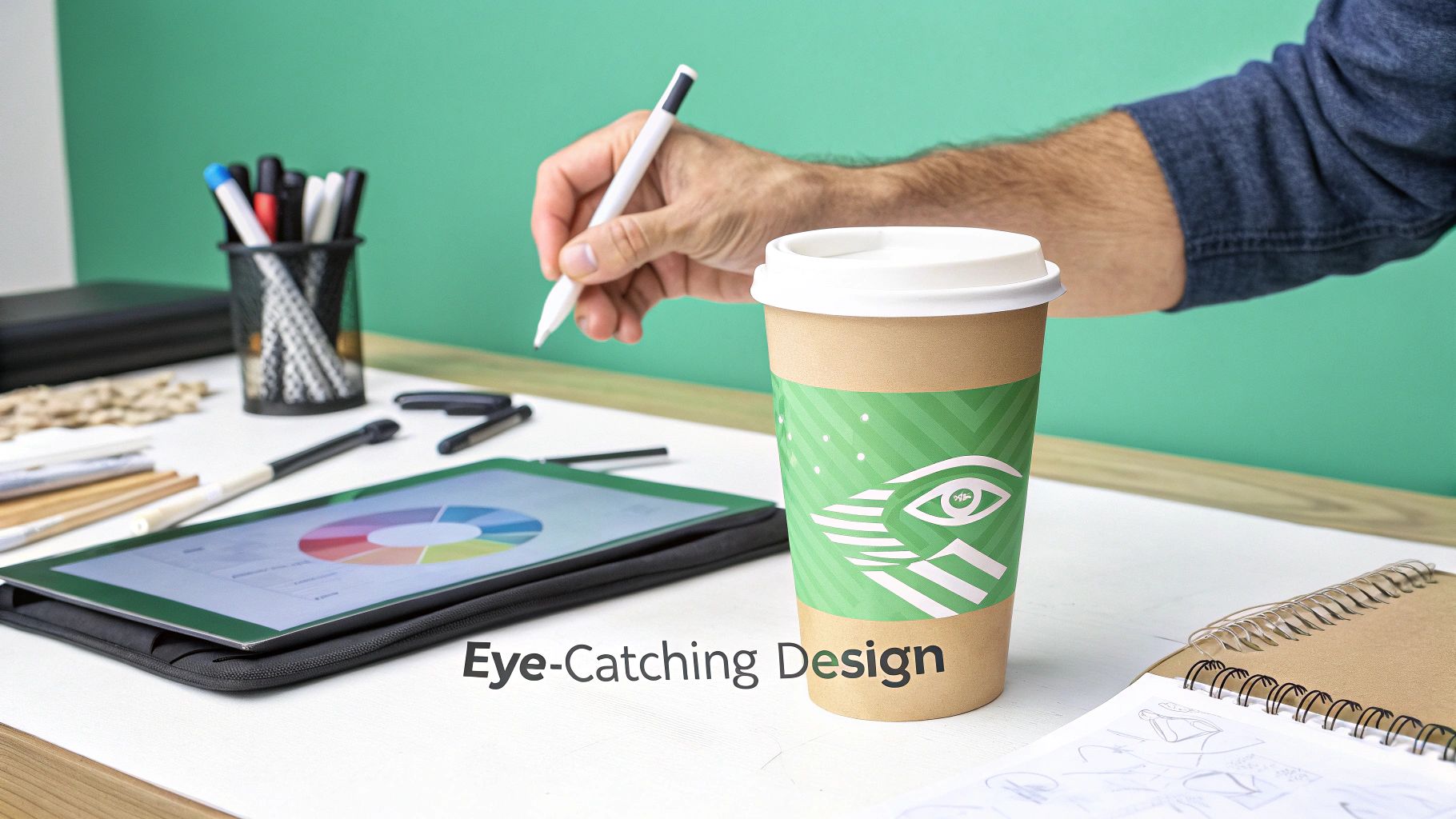 A designer's hand with a stylus, a branded coffee cup, and a tablet with a pie chart.