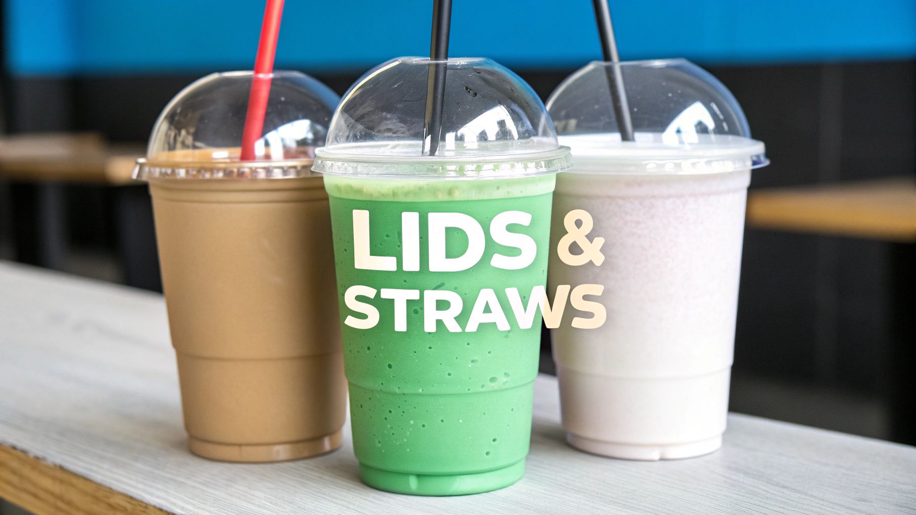 Three colorful drinks in plastic cups with dome lids and straws on a table, advertising 'LIDS & STRAWS'.