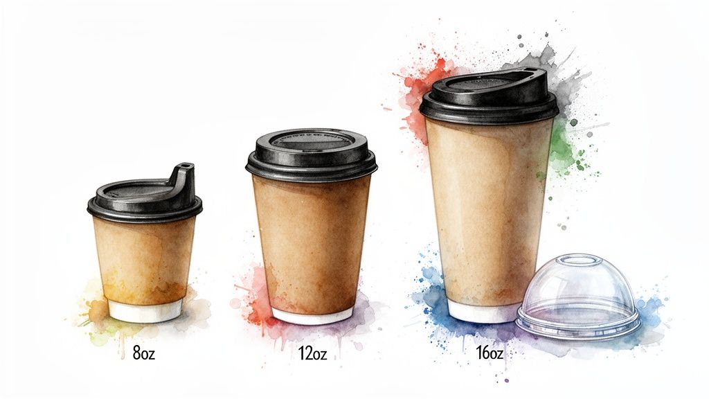 Three watercolor-style takeaway coffee cups in 8oz, 12oz, and 16oz sizes with lids, plus a dome lid.
