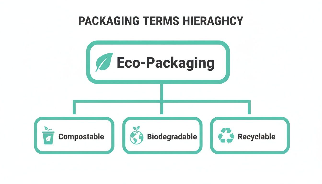 Hierarchy chart illustrating eco-packaging, breaking down into compostable, biodegradable, and recyclable categories.