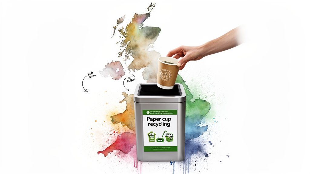 A hand drops a Starbucks coffee cup into a paper cup recycling bin against a watercolor map of the UK and Ireland.