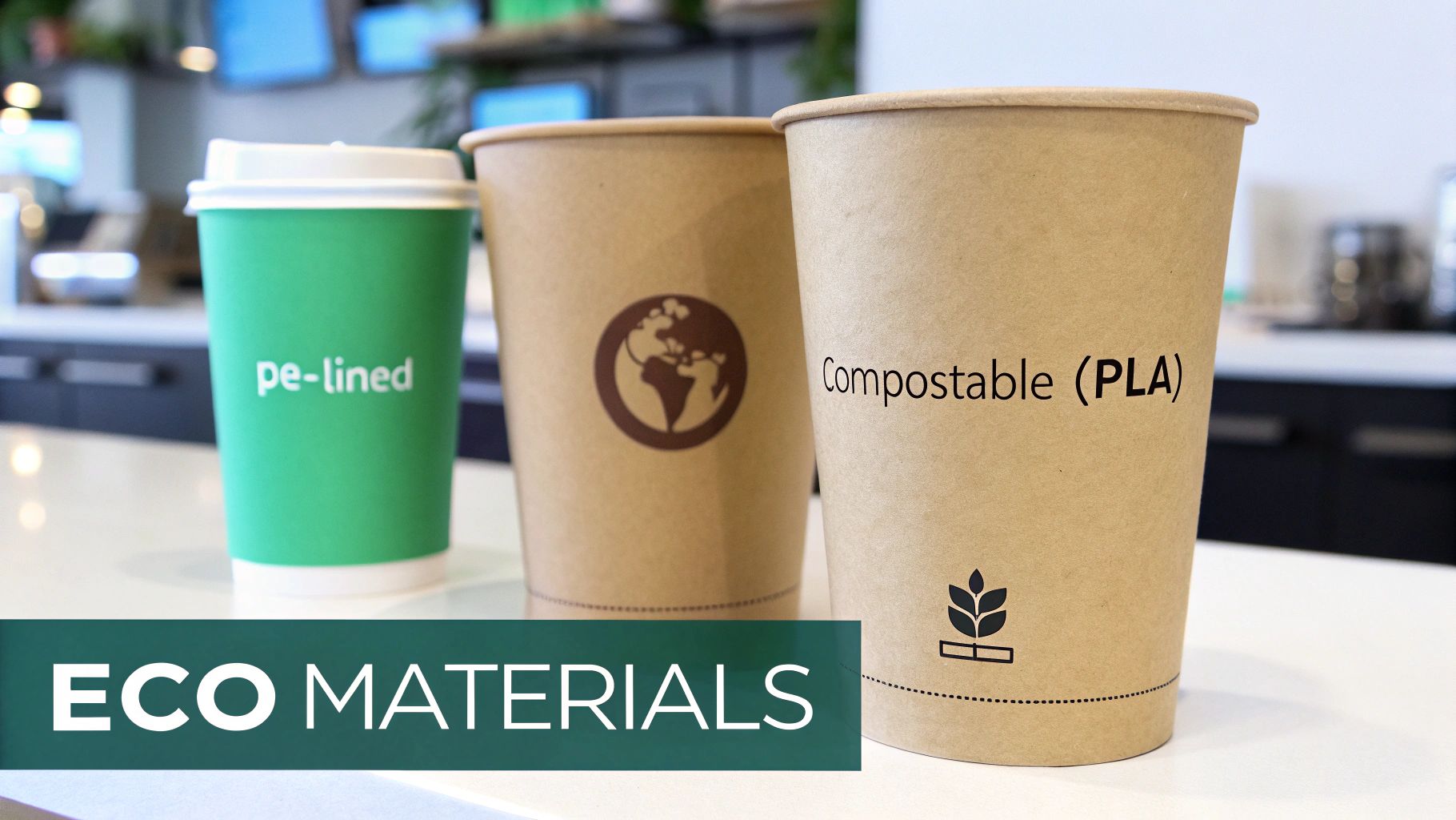 Three disposable coffee cups labeled 'pe-lined', 'globe symbol', and 'Compostable (PLA)' showcase eco materials.