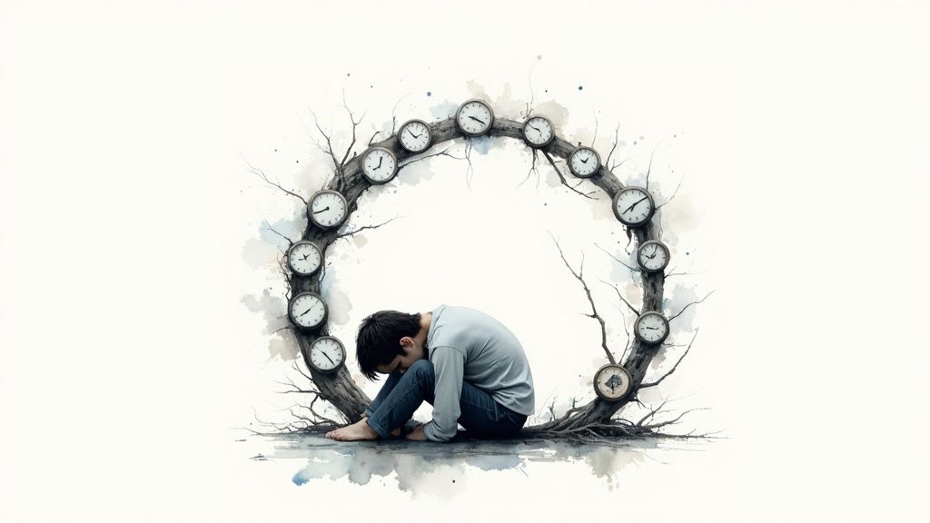 Chronischen stress abbauen und deine innere ruhe wiederfinden Eine nachdenkliche person sitzt auf einer fensterbank und schaut nach draußen, was das gefühl von stress und überforderung symbolisiert.