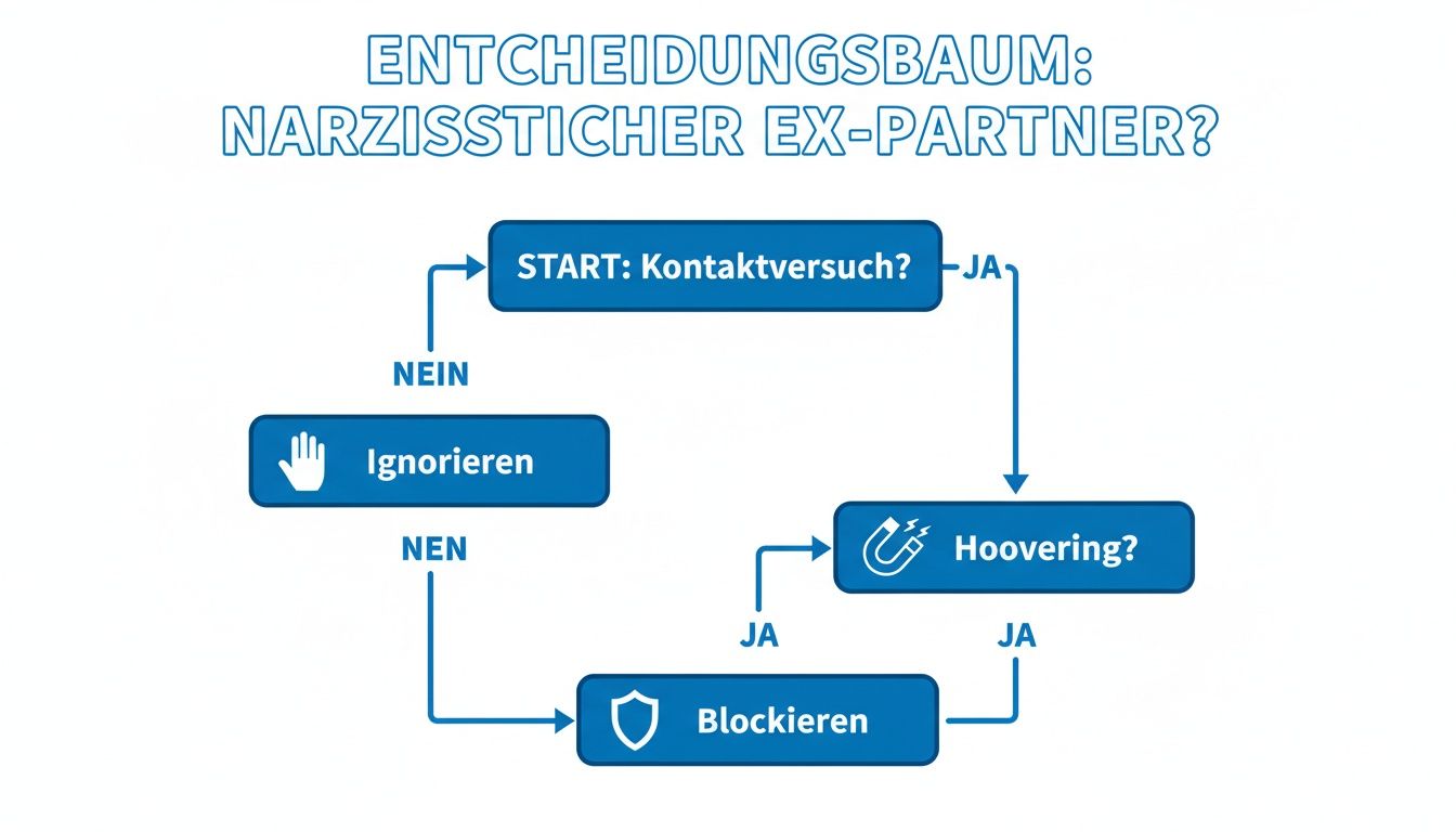 Flussdiagramm zum umgang mit einem narzisstischen ex-partner: kontaktversuch, ignorieren, hoovering, blockieren.