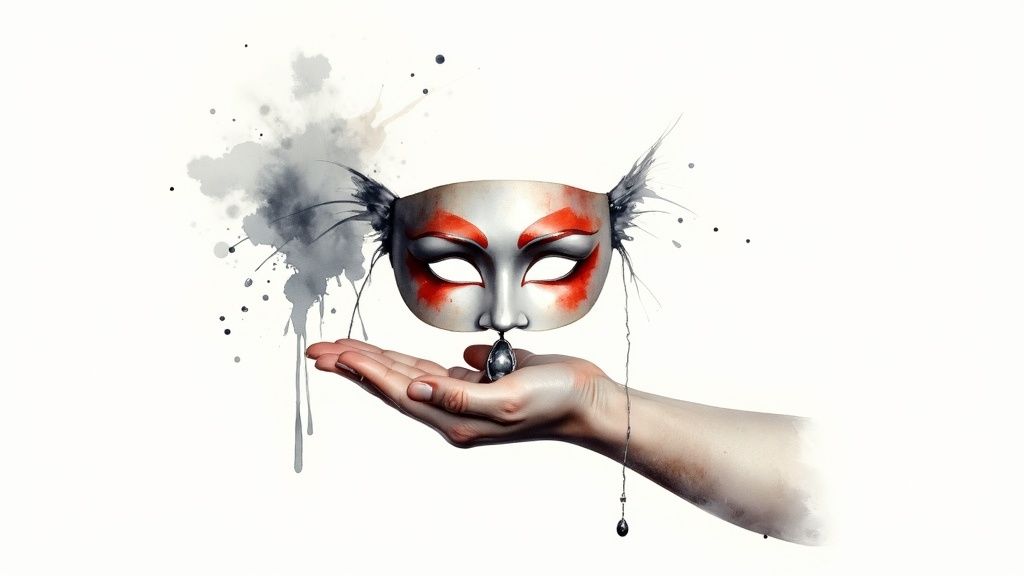 Eine hand hält eine weiße maske mit roten akzenten und schwarzen federdetails, umgeben von farbspritzern.