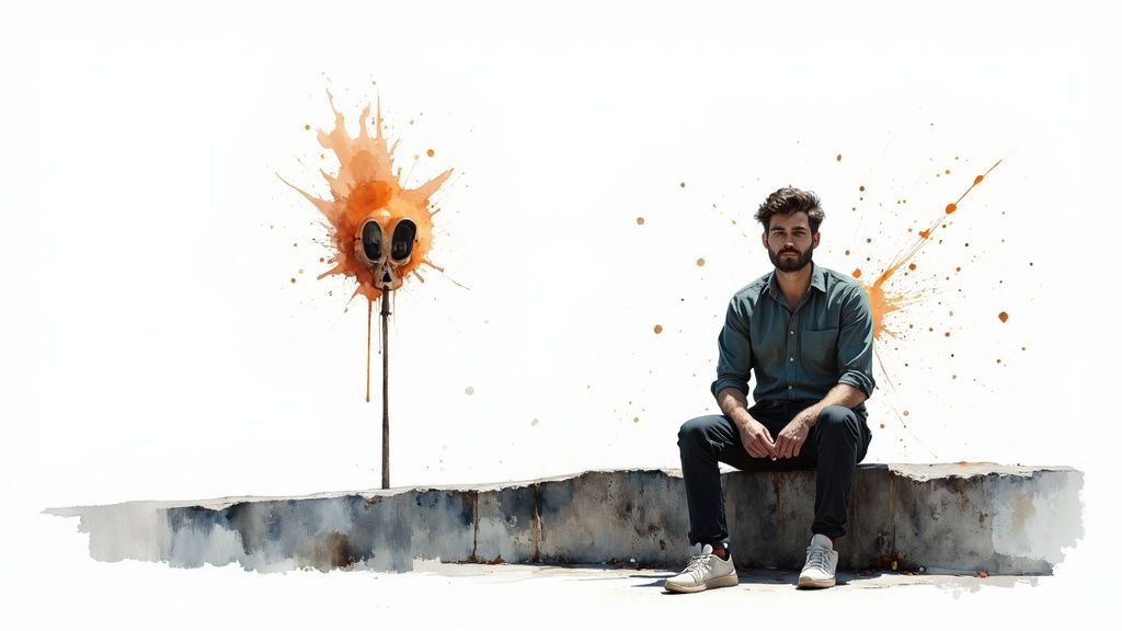 Mann sitzt nachdenklich vor weißer wand mit orangefarbenen aquarell-spritzern und künstlerischer darstellung