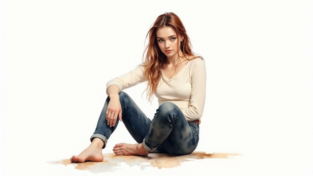 Junge frau mit langen roten haaren sitzt in jeans und hellem oberteil auf dem boden.