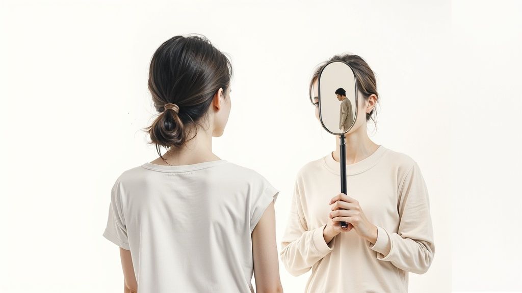 Frau mit spiegel zeigt selbstreflexion und perspektivwechsel im umgang mit narzisstischen personen