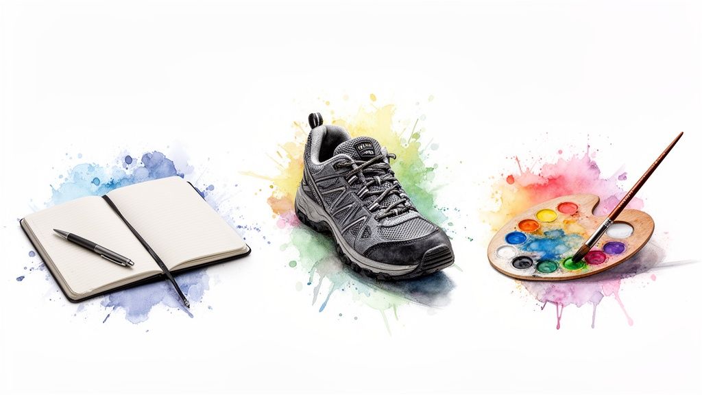 Ein offenes notizbuch mit stift, ein grauer wanderschuh und eine farbpalette mit pinsel auf weißem hintergrund.