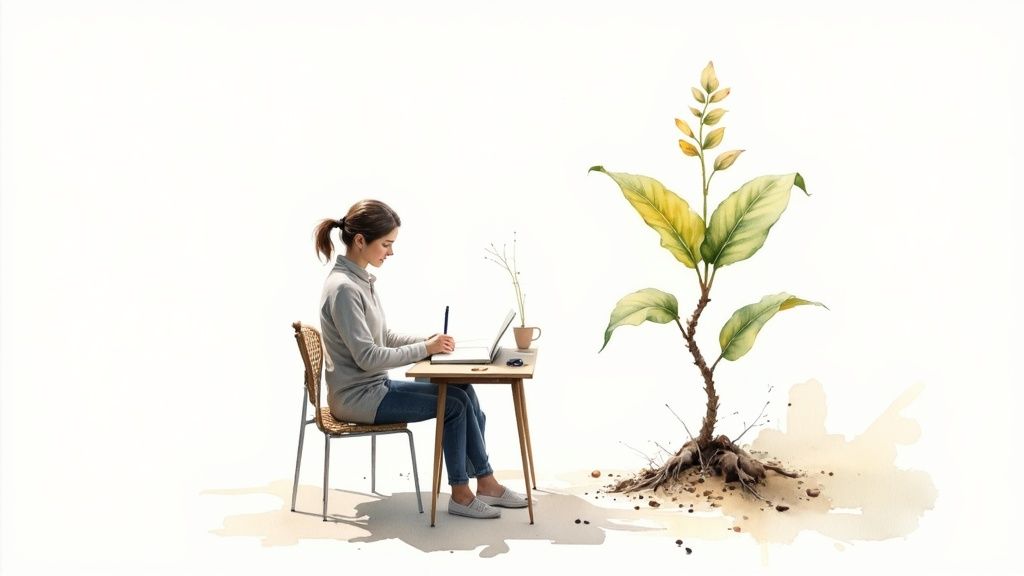 Eine frau arbeitet konzentriert an einem tisch, umgeben von einer großen pflanze mit wurzeln und kleineren pflanzen.