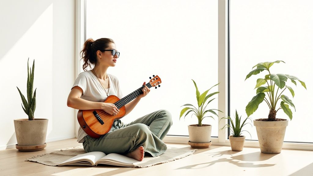 Alleine glücklich sein: wie du in dir selbst ein zuhause findest Eine person verwandelt ihren wohnraum liebevoll in einen persönlichen kraftort, umgibt sich mit pflanzen und büchern.