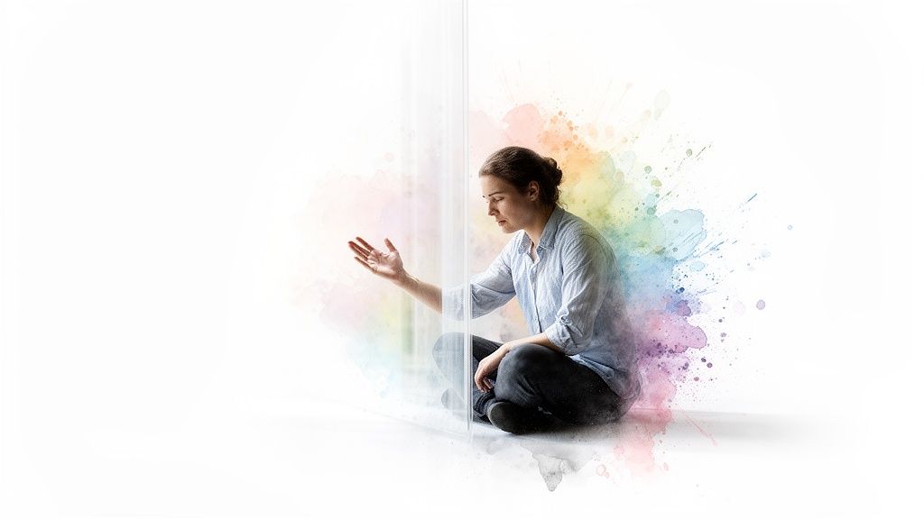 Eine frau sitzt mit ausgestreckter hand vor einer transparenten barriere, umgeben von bunten aquarellfarben.