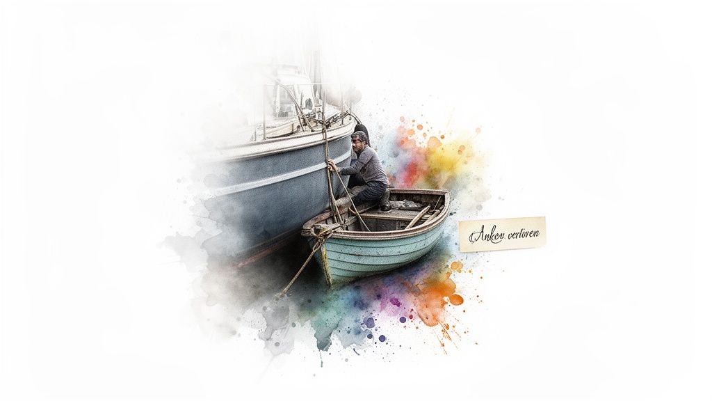 Emotionale abhängigkeit in beziehungen überwinden und heilen Mann in kleinem boot befestigt sich an großem, umgeben von farbspritzern, mit text 'anker verloren'.