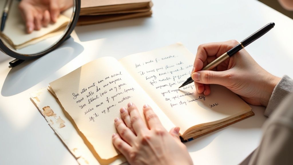 Nahaufnahme einer person, die mit einem stift in ein notizbuch schreibt, um selbstmitgefühl zu üben.