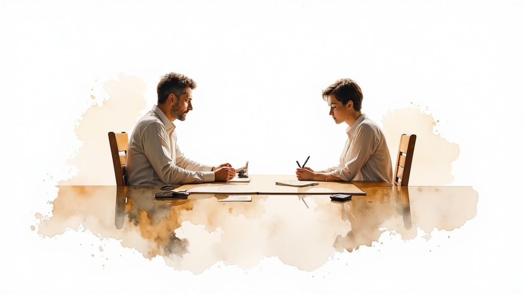 Ein mann und eine frau sitzen sich an einem tisch gegenüber, konzentriert bei der arbeit im aquarellstil.