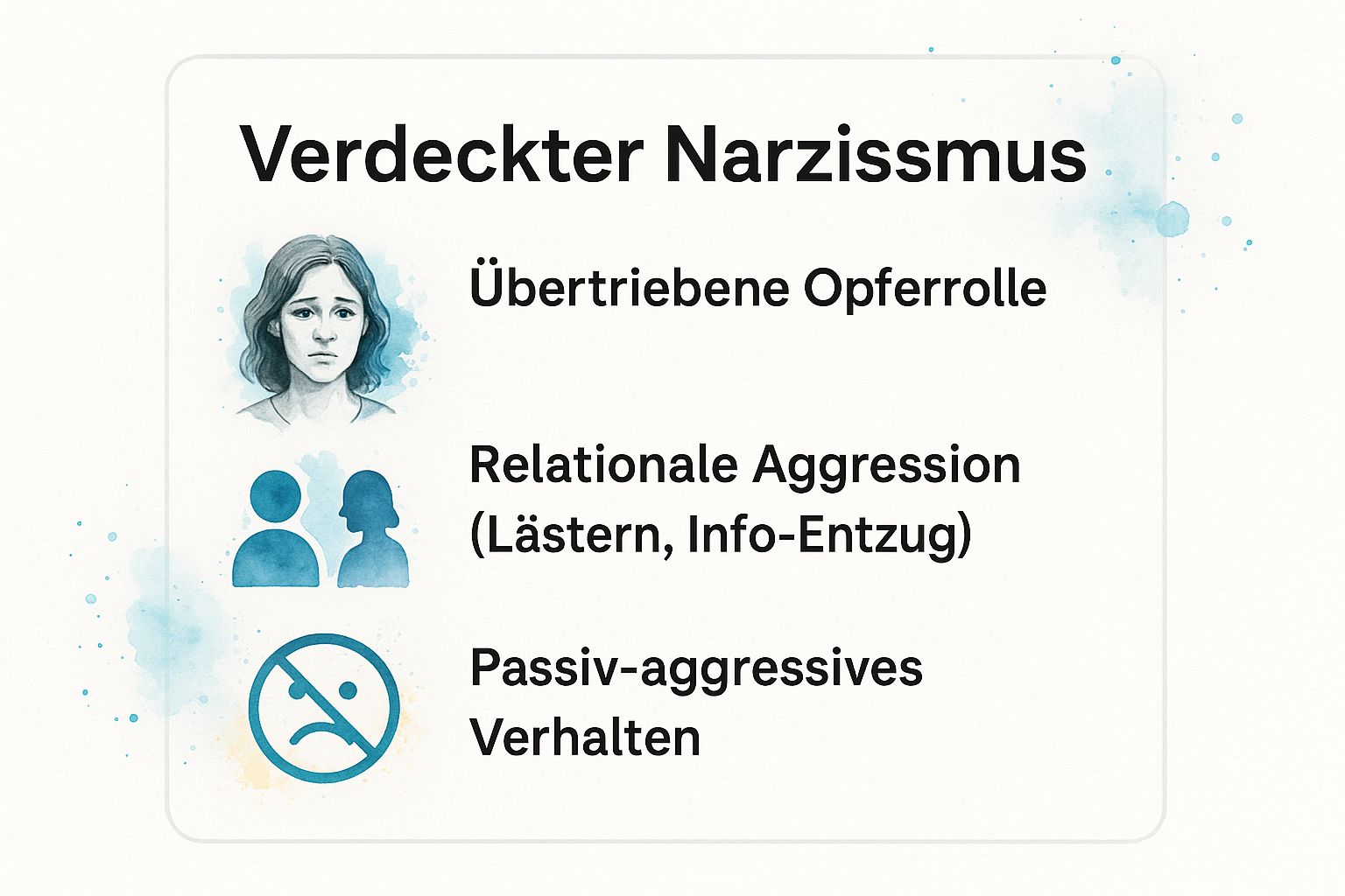 Infografik, die die kernstrategien des verdeckten narzissmus zeigt: übertriebene opferrolle, relationale aggression und passiv-aggressives verhalten.