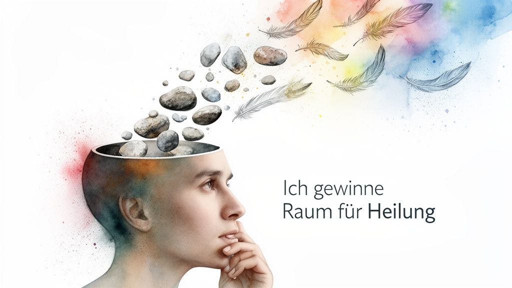 Manchmal muss man loslassen für innere freiheit und balance Kopf eines menschen, aus dem steine und bunte federn in einen farbigen himmel aufsteigen, text: 'ich gewinne raum für heilung'.