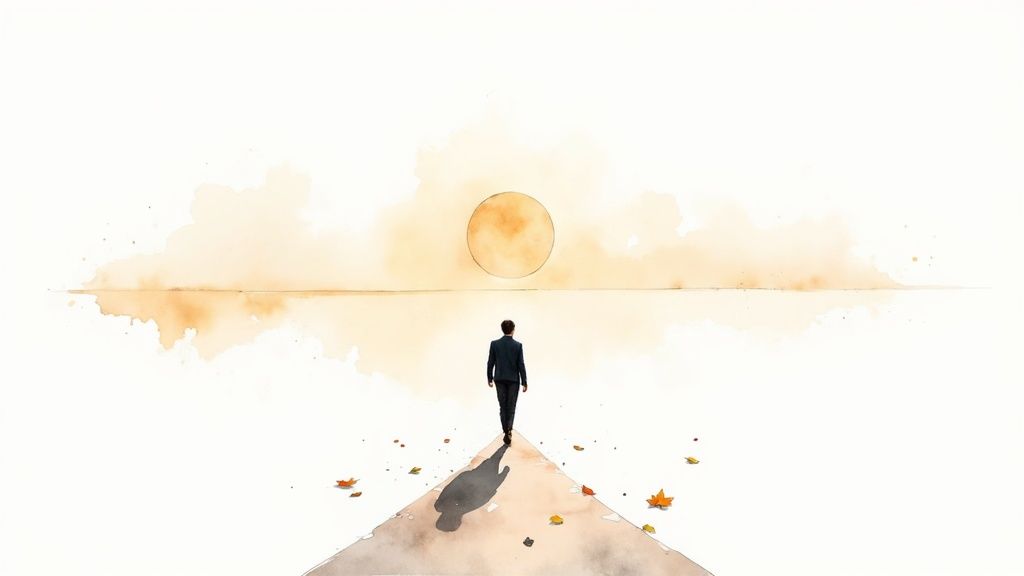 Minimalistische aquarellmalerei eines mannes, der auf einem pfad auf einen orangefarbenen kreis am horizont zugeht, umgeben von herbstblättern.
